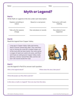 4th Grade Myths and Legends Genre Worksheet