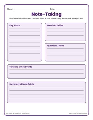 Informational Text Note-Taking Worksheet with graphic organizer sections for key words, vocabulary, questions, timeline, and summary