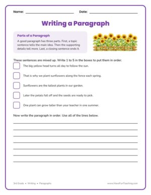 3rd Grade organizing writing paragraphs worksheet with five scrambled sentences to put in order