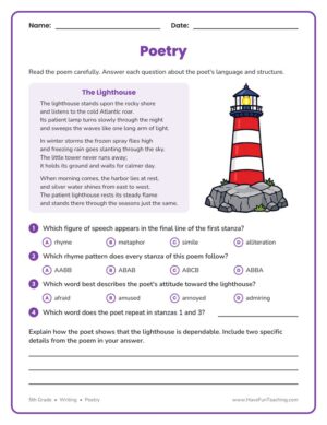 5th Grade poetry response worksheet on simile, rhyme pattern, tone, and repetition