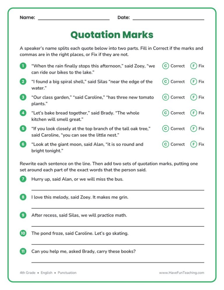Quotation Marks Punctuation Worksheet