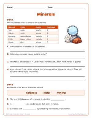 4th Grade rocks and minerals identification worksheet