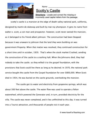 Scotty's Castle Capital Letters Worksheet