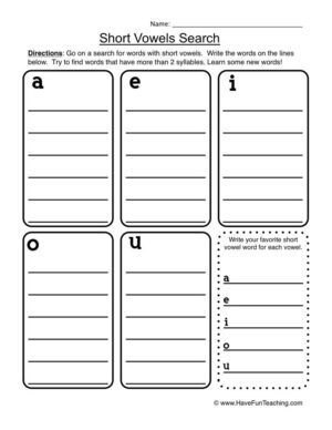 Short Vowels List Worksheet
