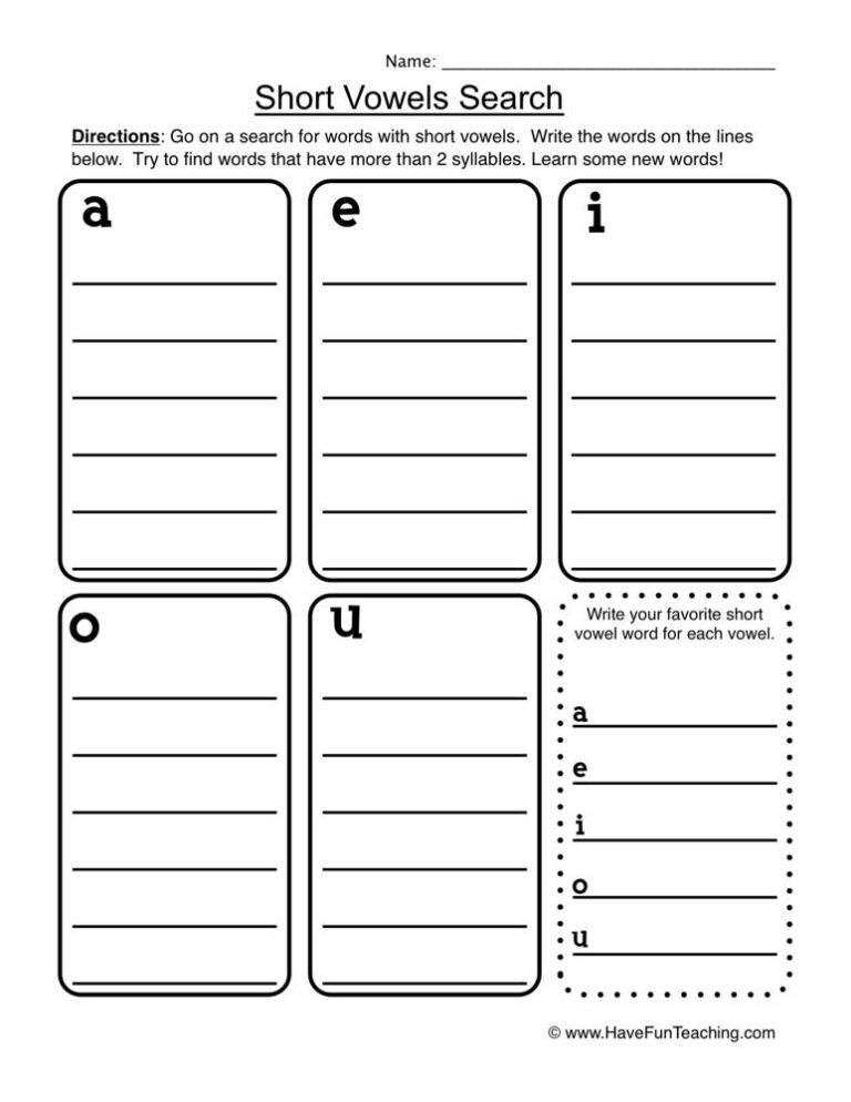 Short Vowels List Worksheet