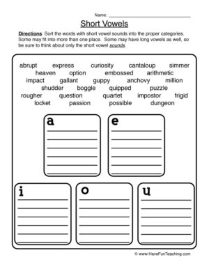 Short Vowels Sorting Worksheet