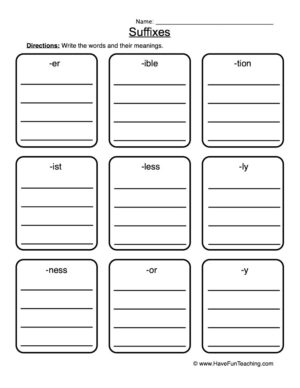 Suffixes List Worksheet