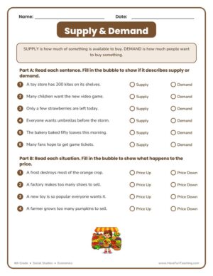 Supply and demand worksheet for 4th grade students to sort supply and demand