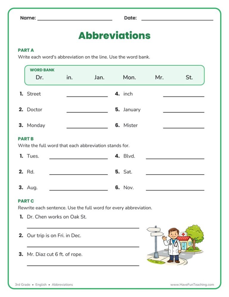 Abbreviations Fill in the Blank Worksheet