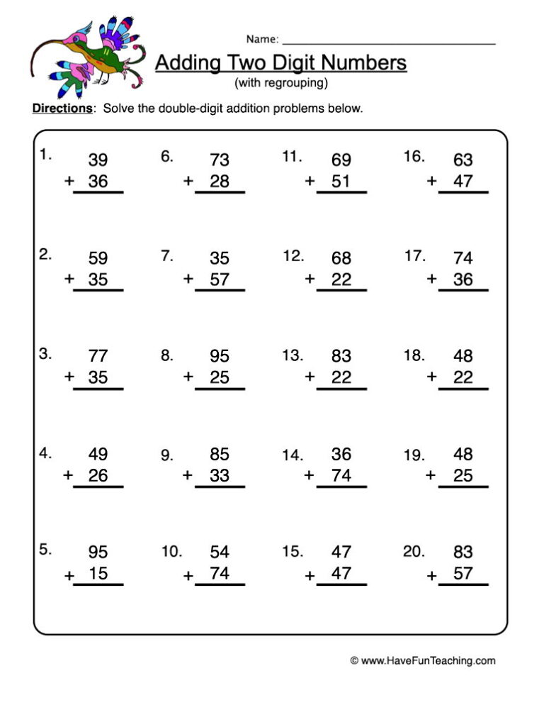 Adding Double Digit With Regrouping Worksheet