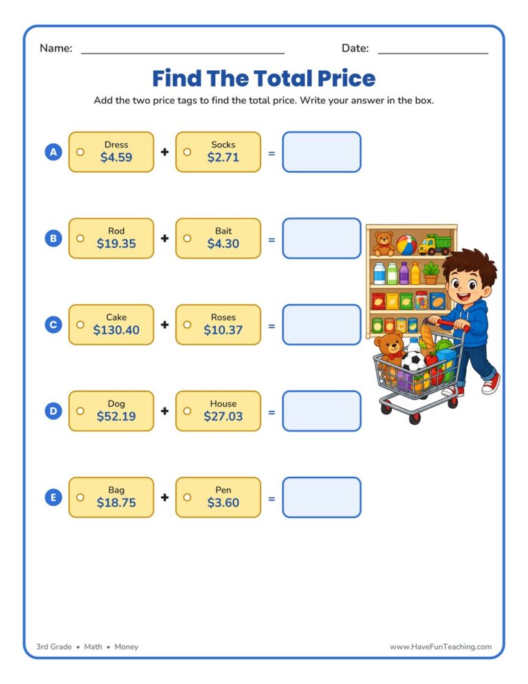 Find the Total Price Pictures Worksheet