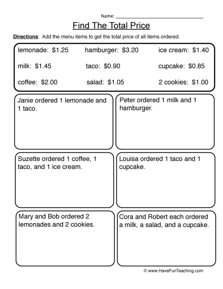 Find the Total Price Worksheet