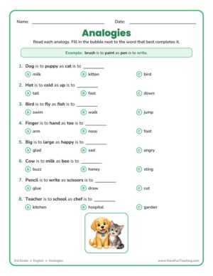 3rd grade analogies multiple choice worksheet