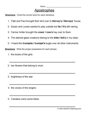 Apostrophe Possession Worksheet