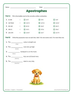 Apostrophes worksheet showing contractions and possessive nouns for 3rd Grade English
