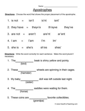 Possession & Contraction Apostrophe Worksheet