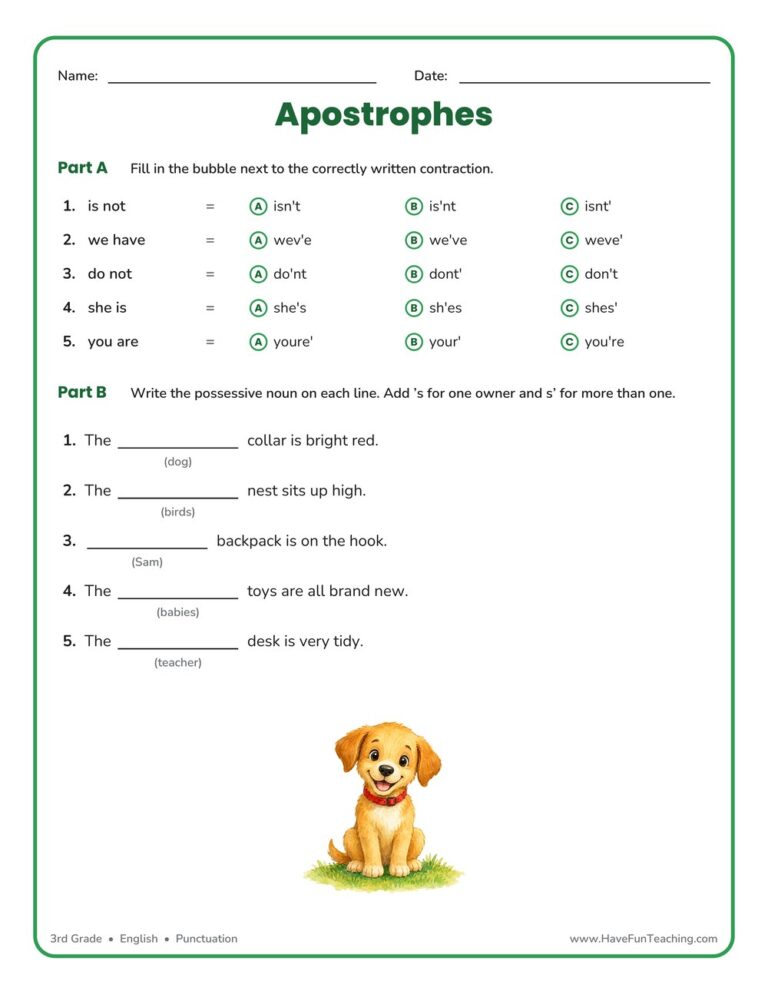 Possession & Contraction Apostrophe Worksheet