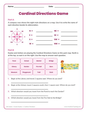 4th Grade cardinal directions worksheet with a compass rose and a park map