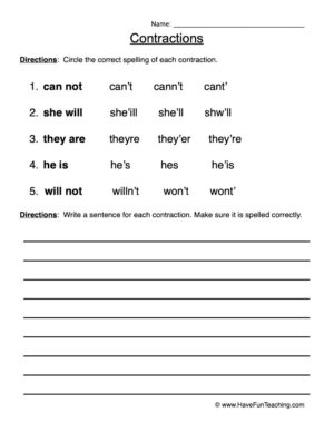 Circle Contractions Spelling Worksheet