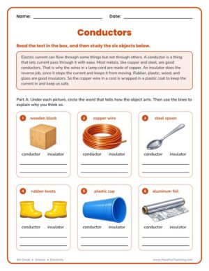 4th grade conductors and insulators worksheet