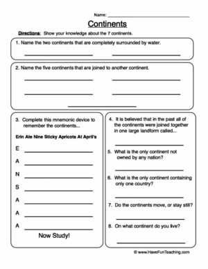 Continents Worksheet
