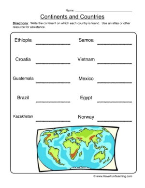 Continents Worksheet - Countries