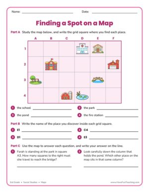 Third grade finding a spot on a map worksheet with a labeled A to F by 1 to 4 town grid map and ten grid square questions