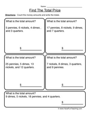 Counting Coins Find the Total Price Worksheet
