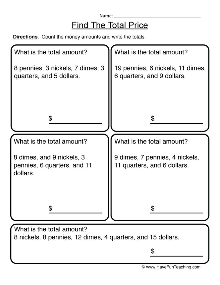 Find the Total Amount Worksheet