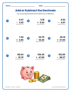 Add or subtract decimals worksheet with nine vertical decimal addition and subtraction problems