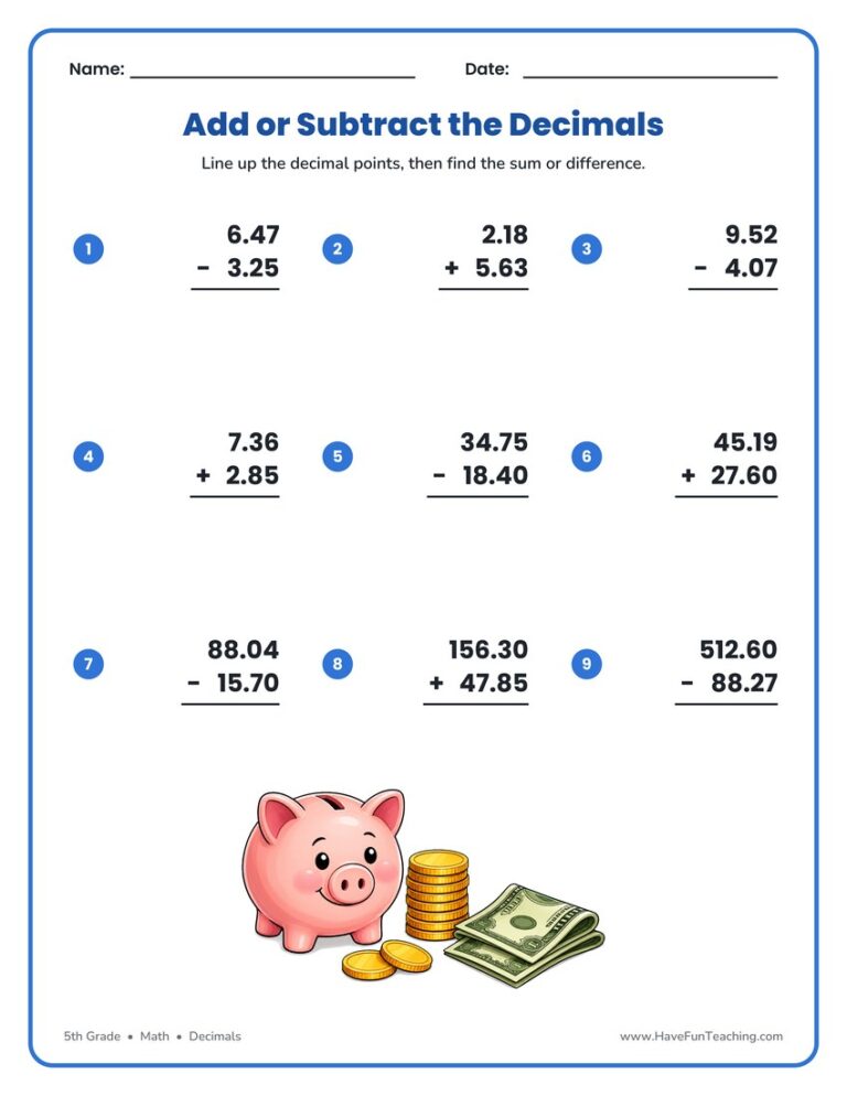 Add/Subtract Decimals Worksheet