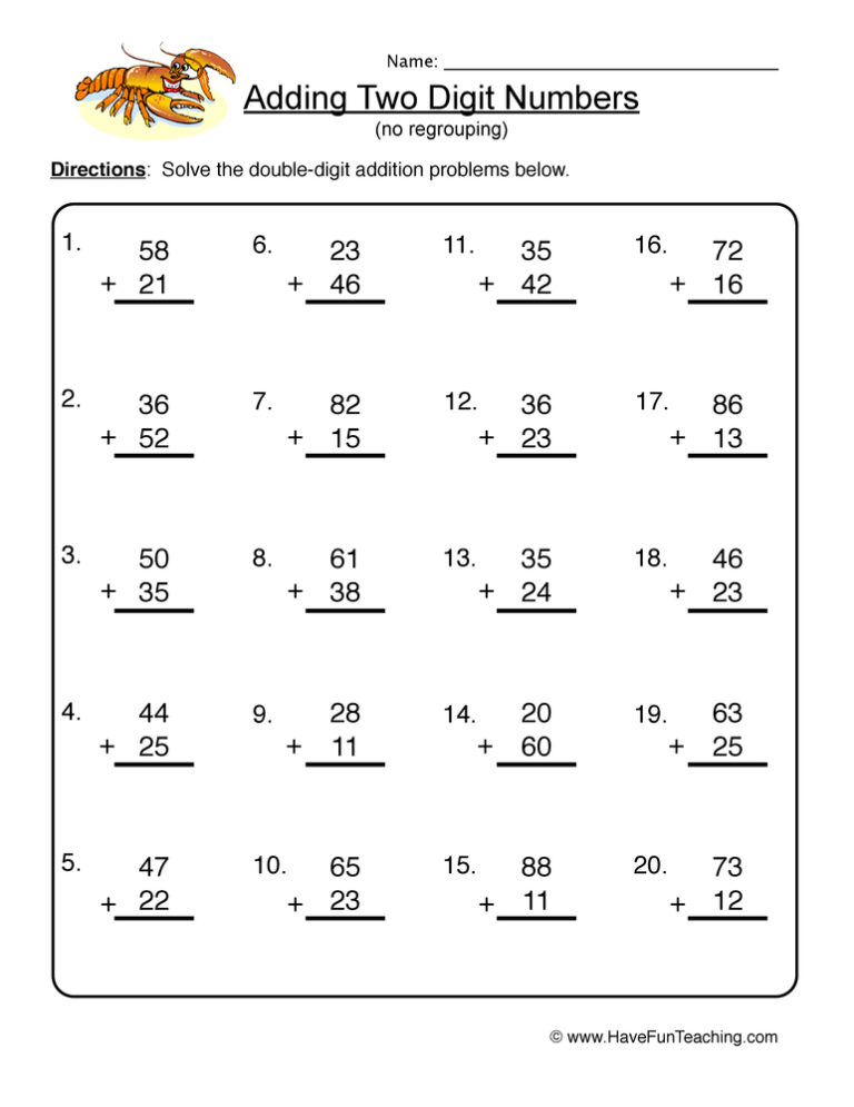 Double Digit Adding No Regrouping Worksheet