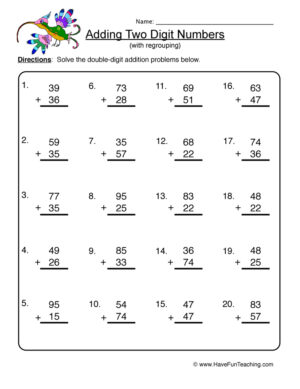 Adding Double Digit With Regrouping Worksheet
