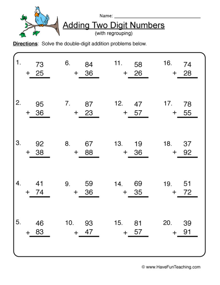 Two Digit Addition Without Regrouping Worksheet