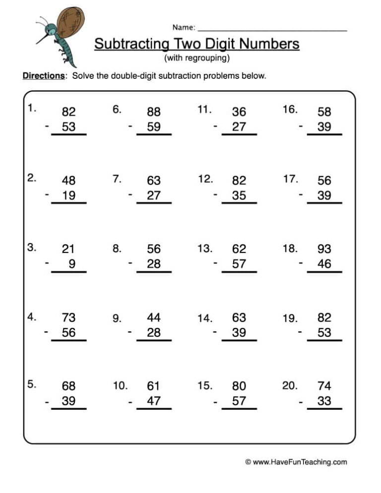 Subtracting Two Digit Numbers with Regrouping Worksheet