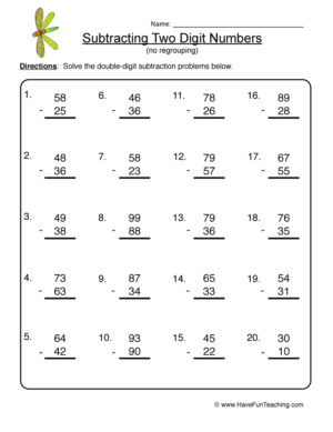 Two Digit Subtraction No Regrouping Worksheet