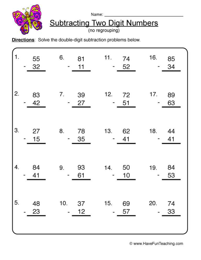 Two Digit Subtraction Without Regrouping Worksheet