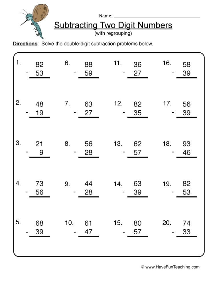 Double Digit Subtraction No Regroup Worksheet