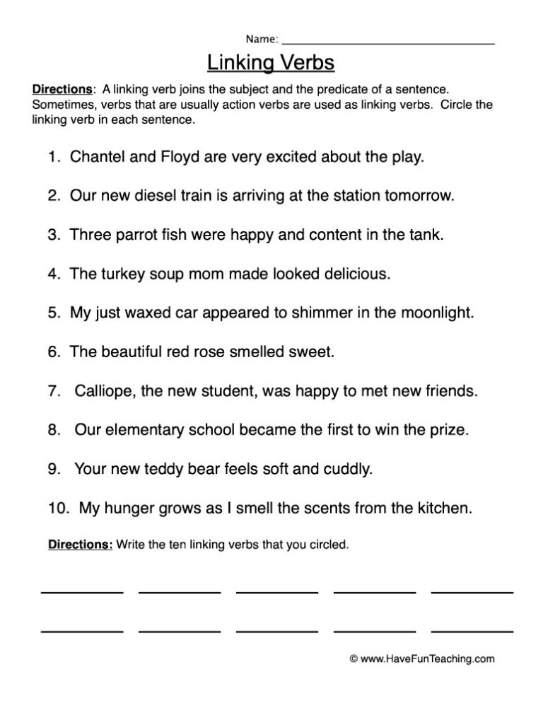 Locating Linking Verbs Worksheet