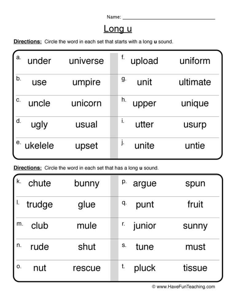 Long U Worksheet