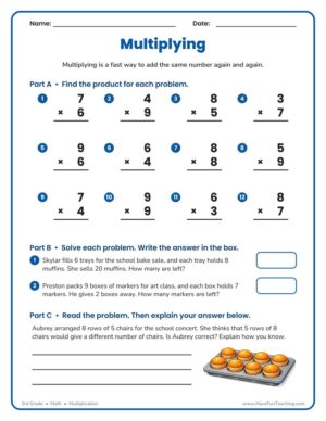3rd Grade multiplication worksheet with single-digit column problems and word problems