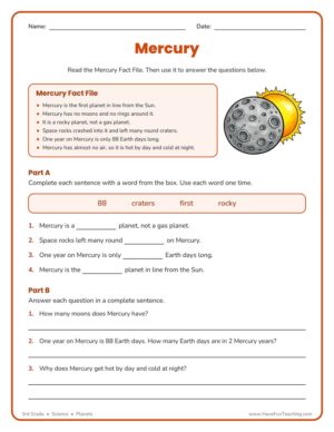 3rd Grade Mercury planet fact file and questions worksheet