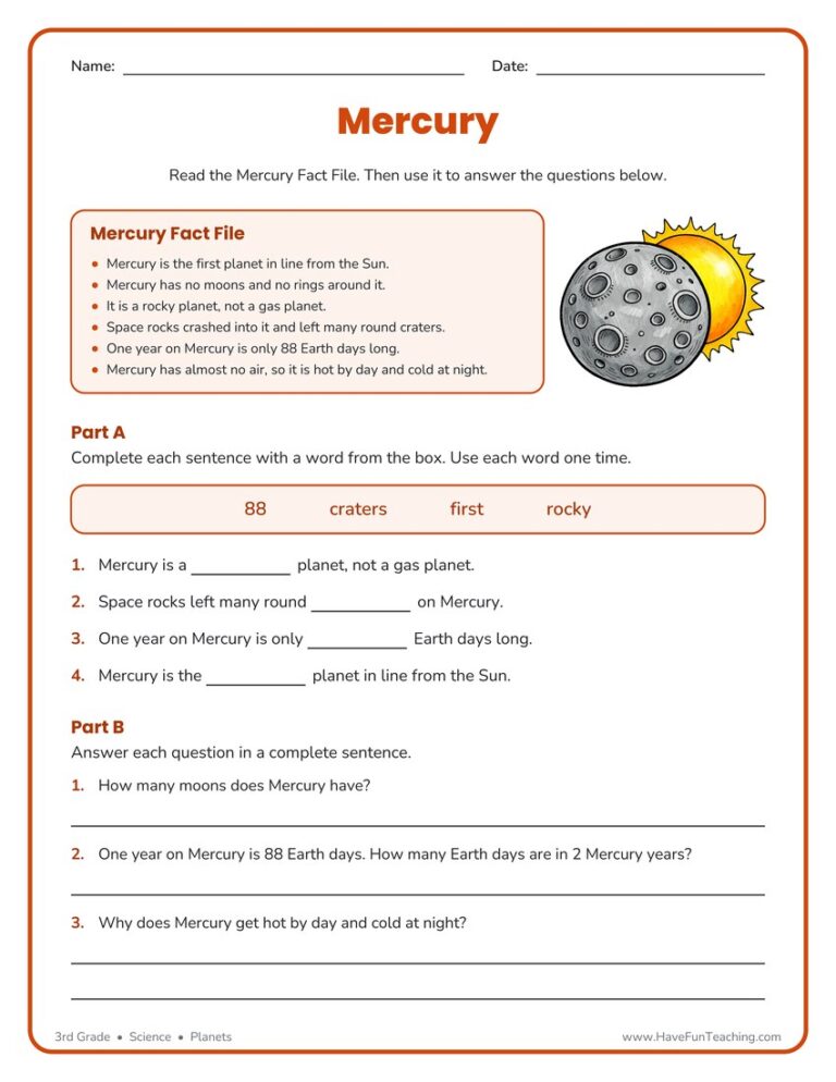 Mercury Planet Worksheet