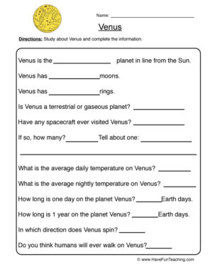 Venus Planet Worksheet