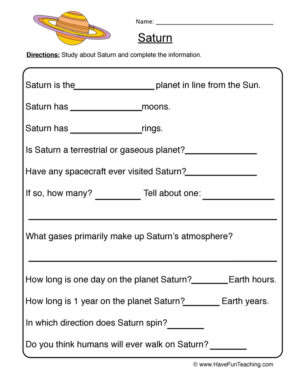 Saturn Planet Worksheet