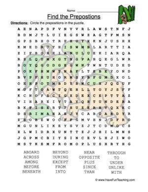 Prepositions Word Search Worksheet