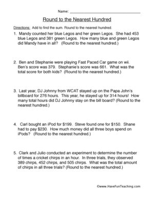 Round to the Nearest Hundred Word Problems Worksheet