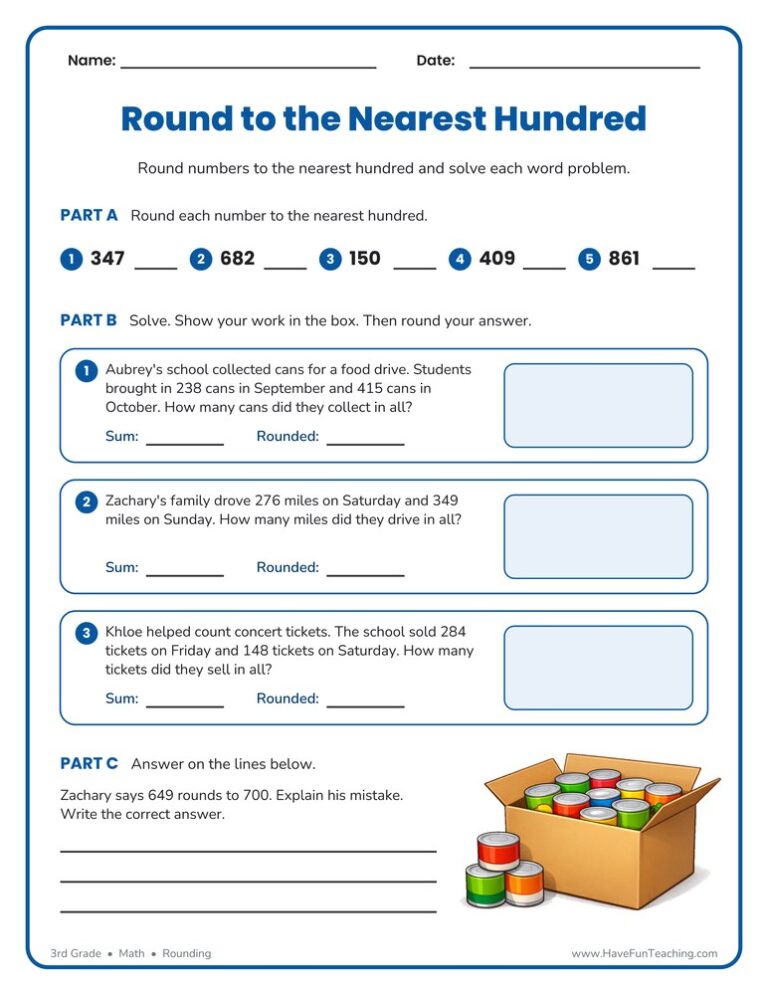 Round to the Nearest Hundred Word Problems Worksheet