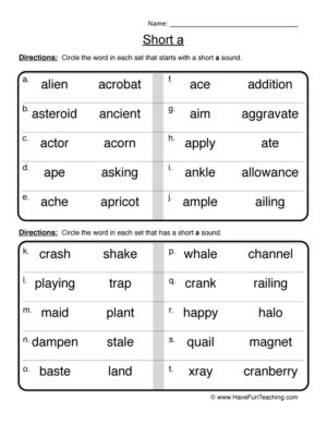 Circling Short A Words Worksheet