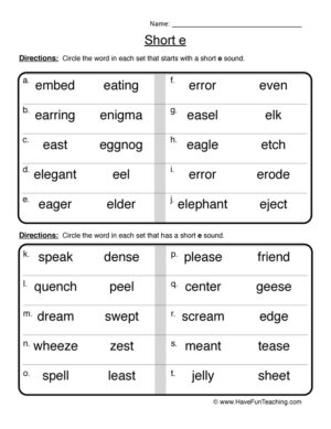 Circling Short E Words Worksheet